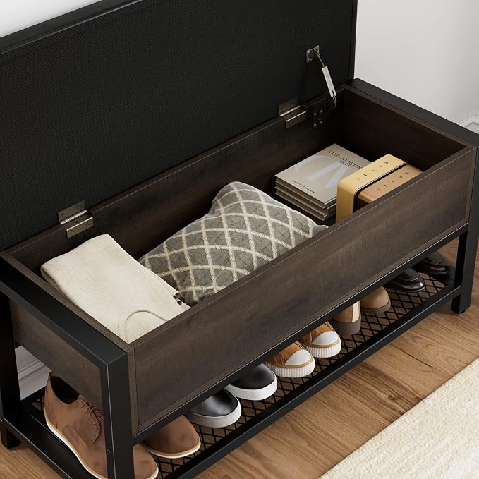HOSTACK Storage Bench, Entryway Shoe Bench with Flip-Open Storage Box, End of Bed Ottoman Bench with Storage Shelf and Padded Seat for Bedroom, Hallway, Dark Brown - Image 6