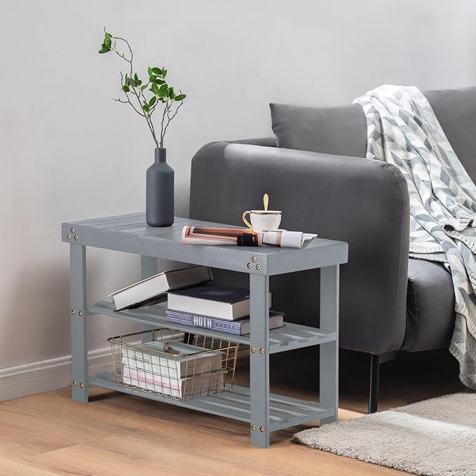 Apicizon Bamboo Shoe Storage Bench for Living Room, Entryway Storage Premium Shoe Organizer or Entryway Bench, Grey - Image 4