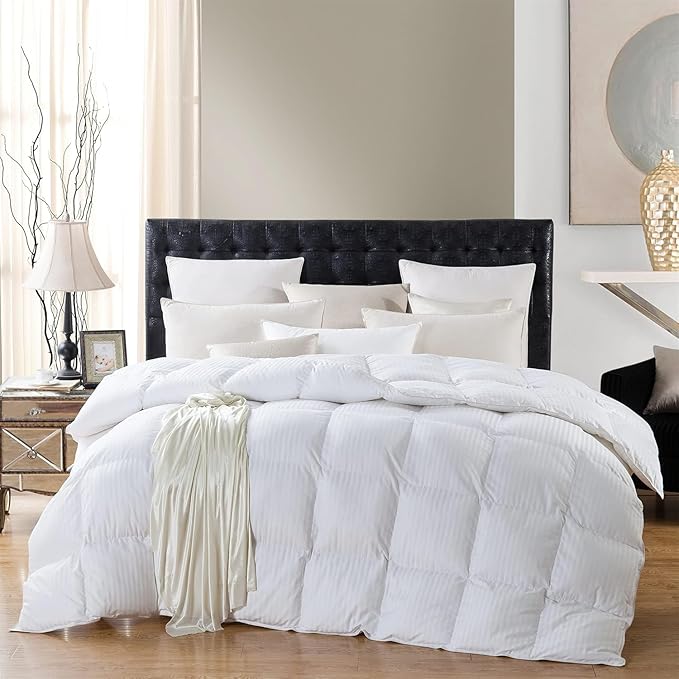 Luxurious All-Season Goose Down Comforter Duvet Insert, Exquisite Oversized Queen White Stripe Design, 98" X 98 ", 100% Cotton Down Proof Fabric, 70 oz. Fill Weight