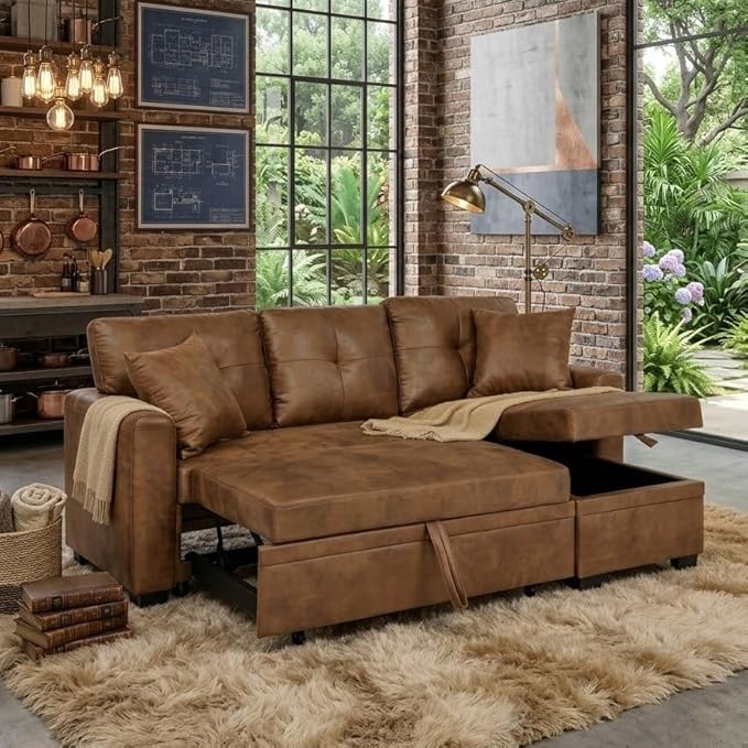 Sectional Sleeper Sofa with Pull Out Bed, L Shape Convertible Sofa Bed Couch with Storage Chaise, 3 in 1 Pull Out Sofa Bed with 3 Seats, for Living Room,Apartment, PU Brown, 76 Inch