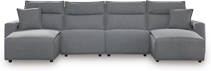 Signature Design by Ashley ModMax II Stain Resistant Modern Modular 4-Piece Power Reclining Sectional with Chaise, Adjustable Headrest, USB Ports and 2 Accent Pillows, Gray