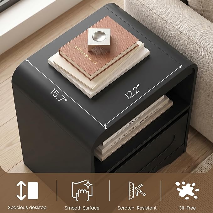 Black Nightstand Set of 2, Modern Night Stand with Drawers, Wood Nightstand, 22" Bedside Side Table with Open Storage, Curved Corners, Hidden Handle, Night Stands End Table for Bedroom Sofa Couch - Image 6