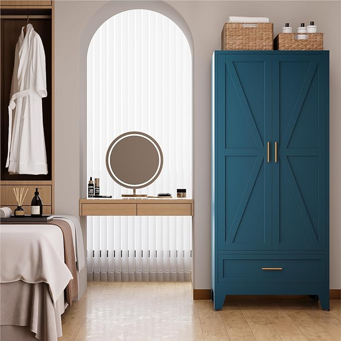 71" Tall Metal Armoire Wardrobe Closet,17.7" Deep By 31.5" Wide Portable Closet for Hanging Clothes,Wardrobe Cabinet with Drawer and Shelve for Bedroom Office Laundry Room,Blue 1 Pack