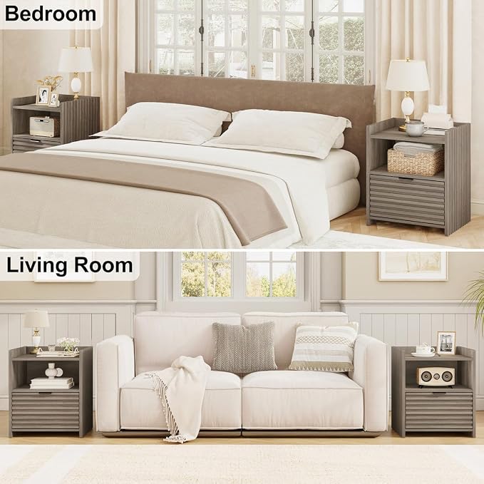 BON AUGURE Nightstand, Grey Fluted Night Stand, Wooden Bedside End Tables with Drawer Storage, Modern Bed Side Night Stands for Bedroom, Living Room (Greige Oak) - Image 8