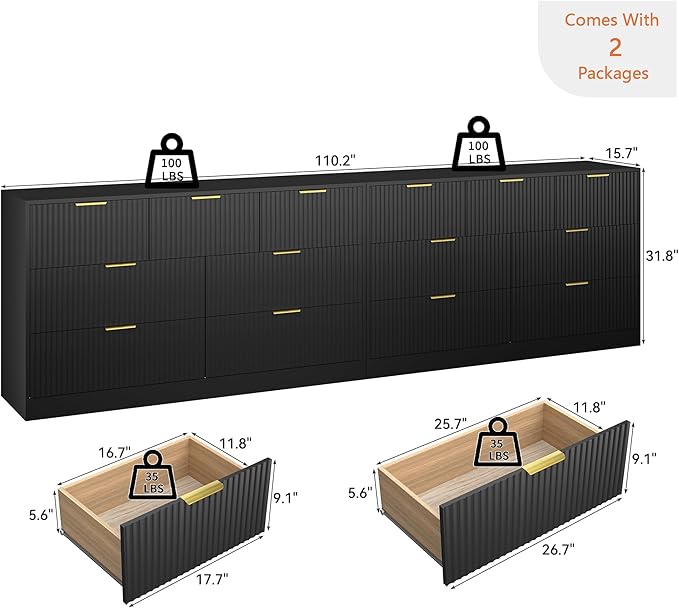 Black Dresser Set of 2, Large Dresser for Bedroom Wooden with 14 Drawers, Fluted Modern Bedroom Furniture Set, TV Stand Dressers & Chests of Drawers for Closet (15.7"D x 110.2"W x 31.8"H)