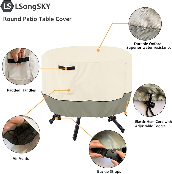 Round Patio Table Cover,600D Heavy Duty Outdoor Furniture Covers Waterproof,Round Patio Table for Patio Furniture Covers,48" Dia x 28" H,Beige&Grayish Green - Image 3