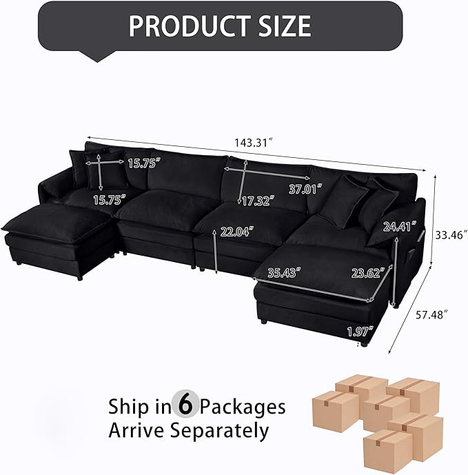143-Inch U-Shaped Sectional Cloud Sofa Oversized Modular 6 Seaters Sofa Couch with 2 Ottoman Chaise and Pillow Armrest, Chenille Upholstered Convertible Cloud Couch
