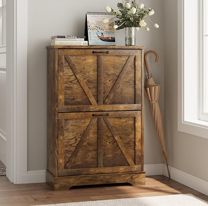 Smart FENDEE Shoe Cabinet, Shoe Storage Cabinet for Entryway with 2 Flip Drawers, Narrow Farmhouse Shoe Organizer Cabinet, Slim Shoe Rack Cabinet, 23.6in Rustic Brown by SmartFENDEE