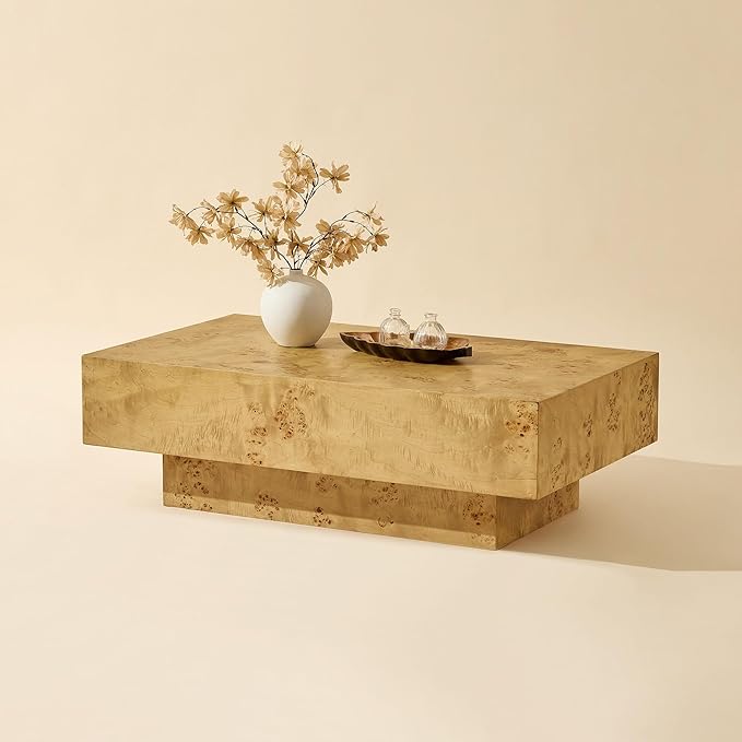 WILLIAMSPACE 43.31" Rectangle Coffee Table with Burl Wood Veneer & Sturdy Base, Modern Luxury Wood Drum Center Table Accent Side End Table for Living Room Apartment, Natural