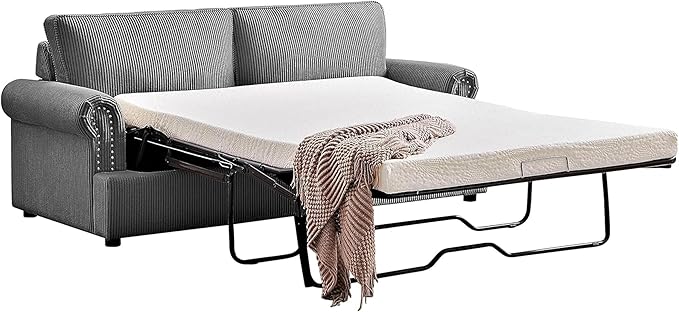 Reversible Sleeper Sofa Bed with Comfortable Memory Foam Mattress, Convertible Corduroy Full Size Pull Out Couch for Living Room, Space Saving Furniture, 76" Wide, Rounded Arms, Grey