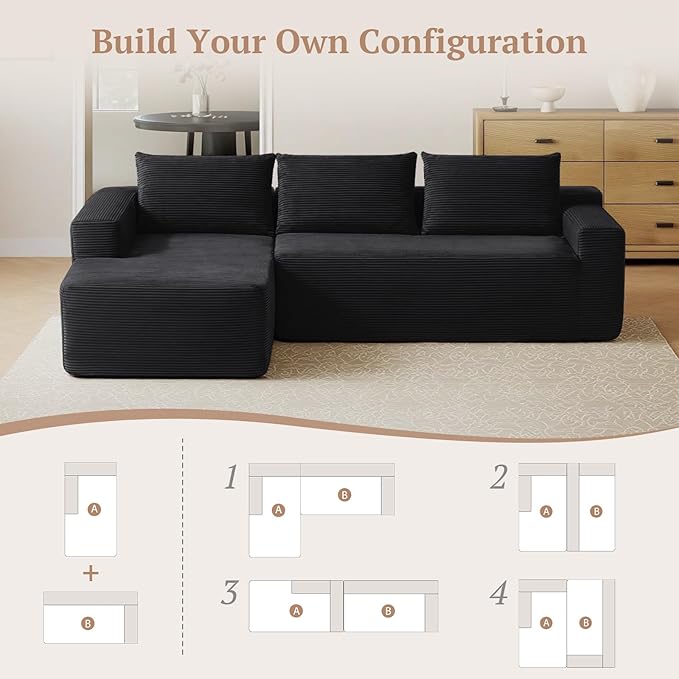 97" L-Shaped Sectional Sofa, No Assembly Boneless Modular Couch, Memory Foam Deep Seat with Side Pockets & Pillows, Compressed Sofa, Jet Black Left