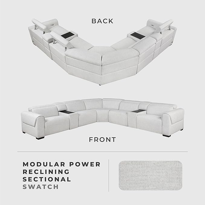 Lexicon Power Reclining Sectional Couches for Living Room-Modular Sectional Sofa, Wall Hugger, 3 Recliner Seats, 2 Console Cup Holders, Power Headrests, Charging Ports, 5 Seater Couch, Chenille Cloud