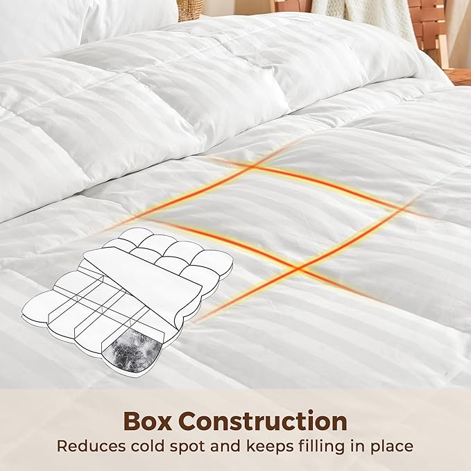 puredown® Goose Feather Down Comforter Full/Queen Size - All Season Duvet Insert Ultra Fluffy Soft 100% Cotton Shell Cover, Hotel Collection Comforters 500 Thread with Ties(Stripe White, 90x90'')