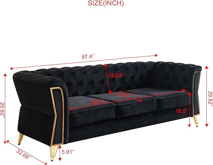 KEIKI 87" Chesterfield Velvet Button Tufted Sofa with High Density Foam Cushions, Modern Style 3-Seater Couch with Gold Strip Trim Decoration, Easy Assembly, for Apartment, Living Room, Office, Black