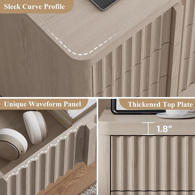Fluted Nightstand with Charging Station, 23.6" Night Stand with Solid Wood Handle, Mid Century Modern Bedside Table End Table 3 Drawer Dresser for Bedroom, Living Room, White Alder - Image 6