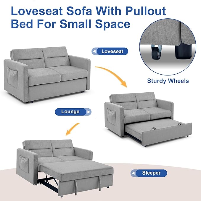 Loveseat Sleeper Sofa Bed, Pull Out Couch Comfortable Chenille Fabric, Adjustable Backrest, Resilient Sponge Cushions, Sturdy Wood Frame, Side Storage Pockets, Grey