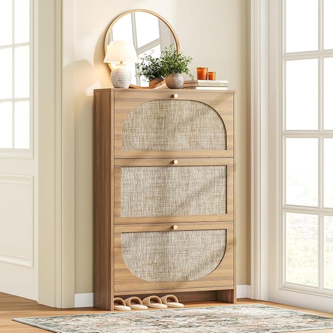 Nicetree Shoe Storage Cabinet for Entryway, Slim Arched Rattan Accent Shoe Cabinet with 3 Flip Drawers & 3-Tier Adjustable Shelves, Modern Boho Shoe Storage Cabinet, Narrow Shoe Rack for Small Spaces by Nicetree