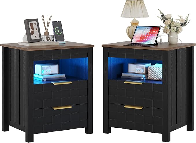 Dystler Night Stand Set of 2 with Charging Station - Bedside Table with Gun Drawer and 2 Drawers, Smart Side Table with 3-Color Human Sensor LED Lights for Bedroom, Black by CraftYourIdealHomeLife