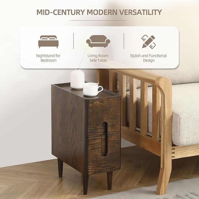 Solid Wood Bedside Table Nightstands, Slim Narrow Oak Real Wooden Mid-Century Modern End Table with Drawers Luxury Side Table Durable Cabinet Organizer Furniture, Walnut Color 7.87in Wide - Image 4