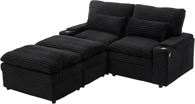 Modular Sectional Sofa Convertible Loveseat Couch,2-Seater Deep Seat Loveseat Sofas Fluffy Corduroy Cloud Couches with Movable Ottoman, Storage Armrest,USB Ports, Cup Holders