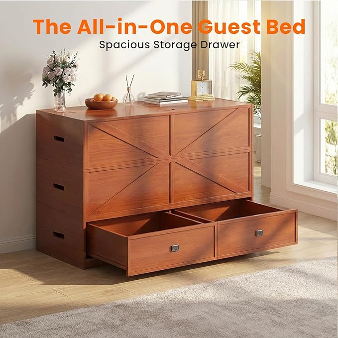 CECER Full Size Murphy Bed with Mattress Include，Murphy Bed Full with Storage Drawers，Multi-Functional Desgin that Converts to Sofa Set for Small Spaces/Guest Room/Bedroom（Maroon）