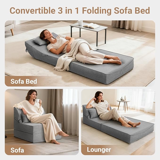 BeBen Folding Sofa Bed Chair, Convertible Sleeper Chair Futon Couch, Foldable Boneless Floor Lounger Sofa, Single Foam Chair Bed for Small Spaces, Dorm, Guest Room, Living Room, Apartment, Grey