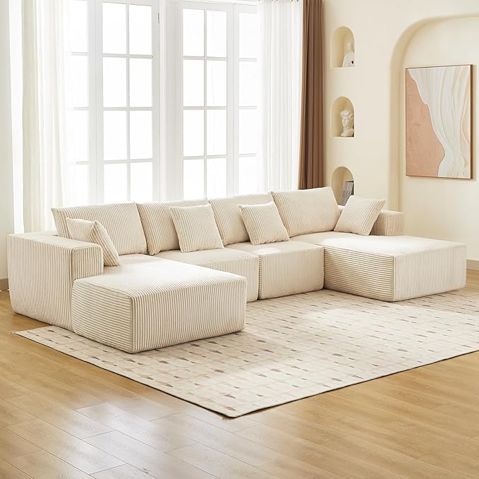 Cloud Boneless Couch 137" Modern Sectional U-Shaped Comfy No Assembly Required Convertible Compression Sleeper Modular Sofa with Corduroy Fabric Deep Seat Single + Chaise for Living Room