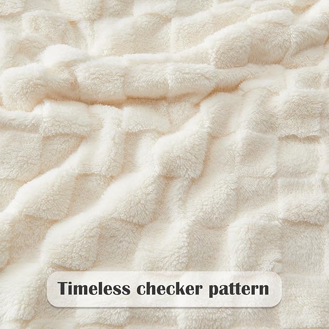 NEWCOSPLAY Super Soft Twin Blanket Ivory Premium Silky Flannel Fleece 3D Checkered Lightweight Bed Blanket All Season Use (Ivory Checkered, Twin(60"x80"))