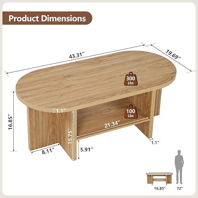 43.3" Coffee Table with Storage, Oval Coffee Tables for Living Room, Farmhouse Fluted Coffee Table with Large Storage Shelf, Wood Center Table for Small Space, Natural
