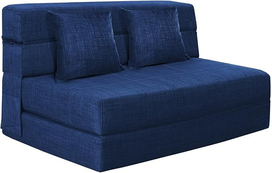 60 Inch Folding Sofa Couch Memory Foam with Pillow Convertible Sleeper Mattress Futon Lazy for Living Room, Washable Cover, Queen Size, Dark Blue