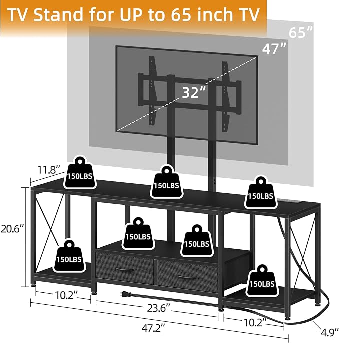 GYIIYUO LED TV Stand with Mount and Power Outlet & Fabric Drawers for 32-85 Inches TV - Entertainment Center and Industrial TV Console Table for Living Room, Bedroom- 47" Black - Image 2