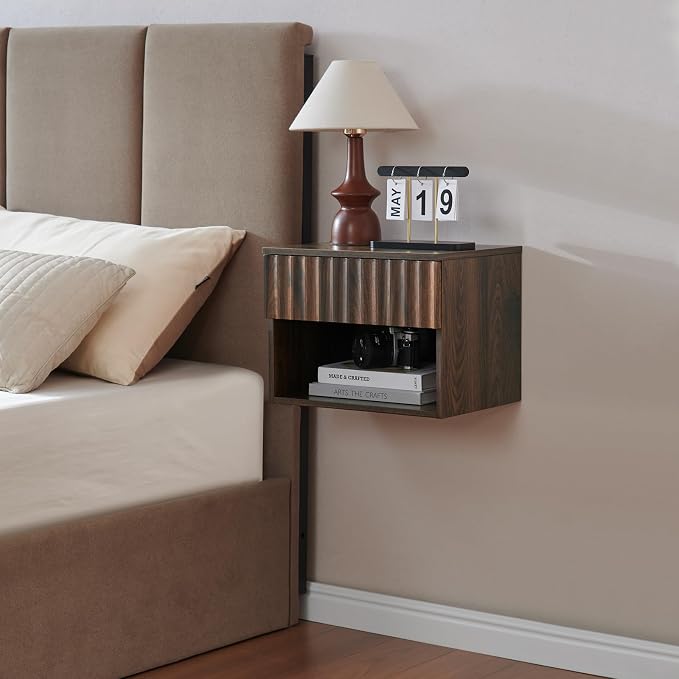 BuildHom Floating Nightstand with Fluted Drawer - Modern Wall Mounted Bedside Table with Open Storage Shelf, Small Night Stand for Bedroom(Walnut) by BuildHom