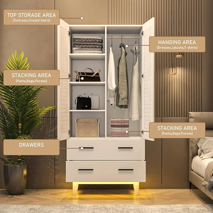 Hlivelood 2 Door Armoire Wardrobe Closet Cabinet with Mirror, Drawers and LED Lights, Multi-Tier Shelves, Hanging Rod & 2 Louver Doors, Large Capacity Storage Wardrobe Armoire for Bedroom, White