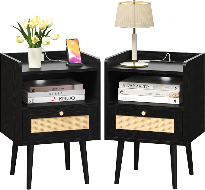 MECHYIN Night Stand Set 2, Nightstands Set of 2 with Charging Station, Rattan Side Tables with Solid Wood Legs, Boho Bedside End Table for Apartment Bedroom Dorm Small Space by MECHYIN