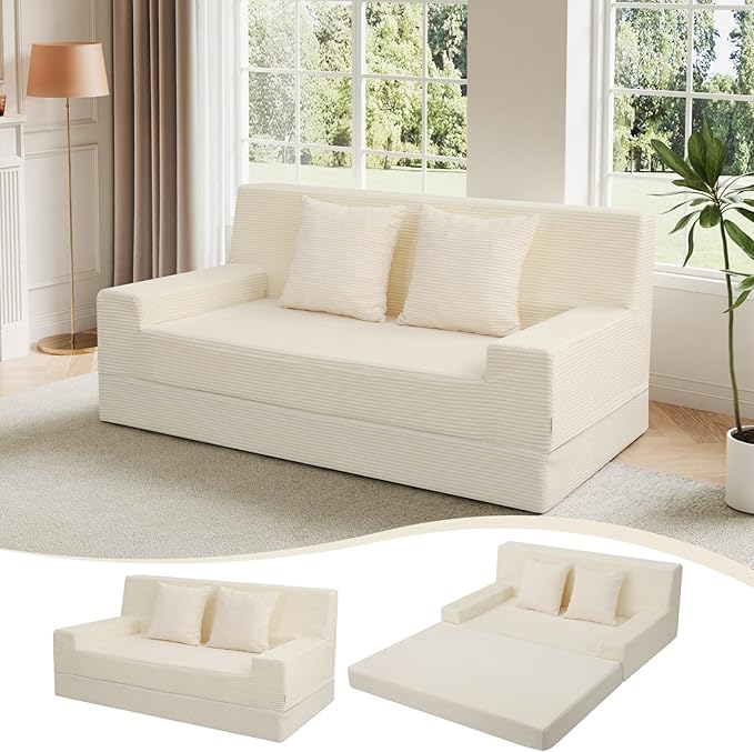 MeMoreCool Boneless Folding Queen Sofa Bed – Corduroy Convertible Futon Sleeper Couch with Foam Core & Pillow, Washable Cover, Space-Saving Floor Sofa for Living Room, Guest Bedroom, Apartment