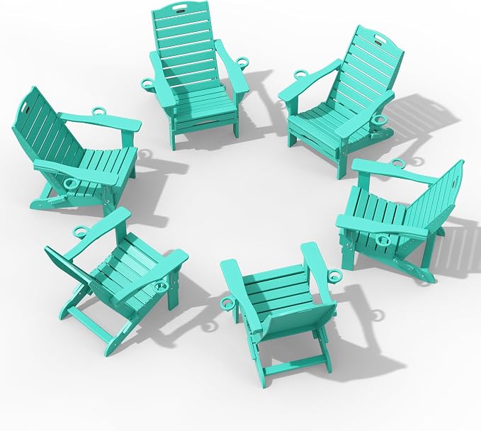 Adjustable Adirondack Chairs Set of 6 with Retractable Ottoman, HDPE Folding Adirondack Chair with Cup Holders, Weather Resistant for Backyard, Poolside & Fire Pit (Lake Blue) by Suunyn