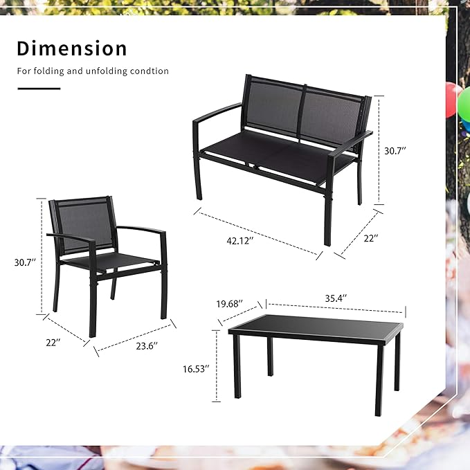 Shintenchi 4 Pieces Patio Furniture Set All Weather Textile Fabric Outdoor Conversation Set, with Glass Coffee Table, Loveseat, 2 Single Chairs for Home, Garden, Lawn, Porch（Black）