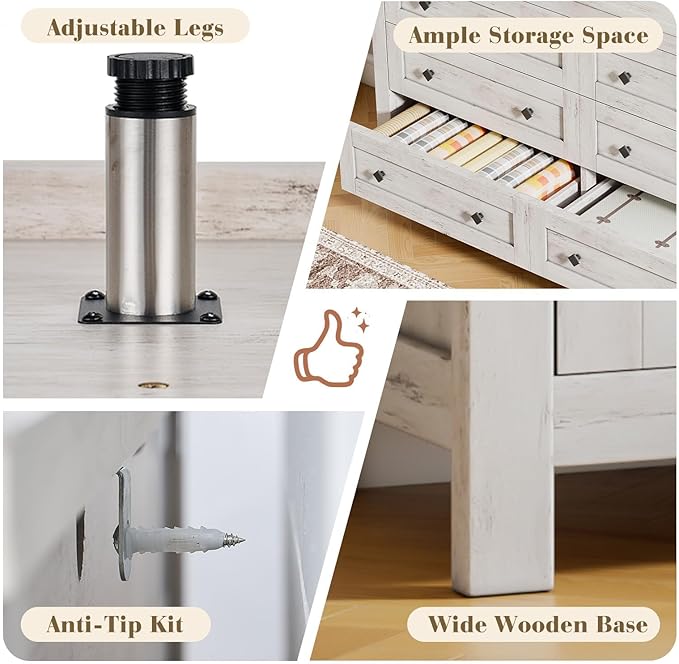 LUXOAK Bedroom Dresser and Nightstand 3 Piece Set, 1 X Wood Rustic 6 Drawer Storage Dresser, 2 X Farmhouse Nightstand with Charging Station, Farmhouse Bedroom Furniture Set, Rustic White