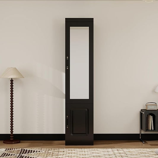 Modern Black 1 Door Armoire Wardrobe Closet with Mirror, Hanging Rod & Storage for Bedroom