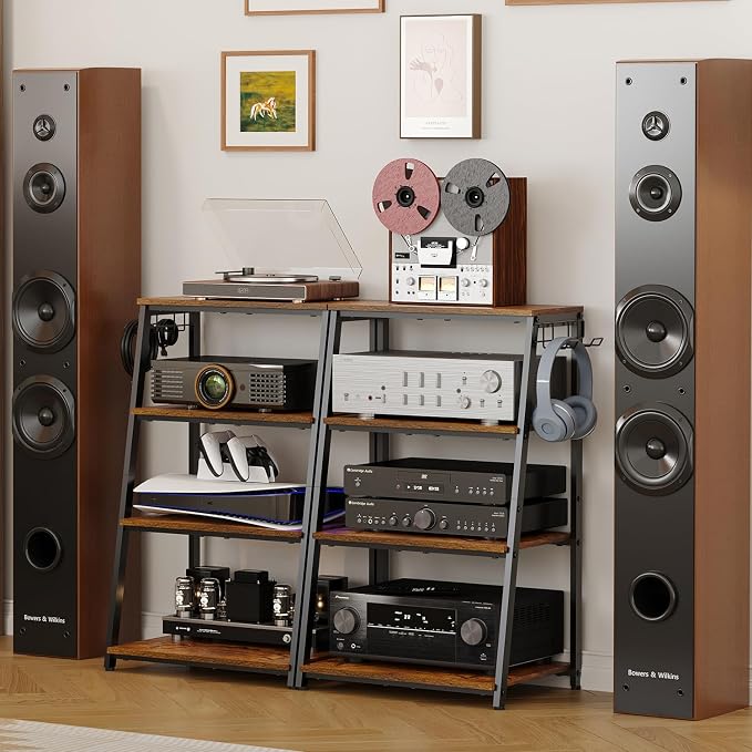 4-Tier AV Media Stand with 2 Hooks,Heavy Duty Stereo Cabinet Furniture-Large Stereo Rack and Game Console Stand,Wooden Record Player Stand,Audio Stand Perfect for DVD Players/Game Console/TV Box/Xbox - Image 8