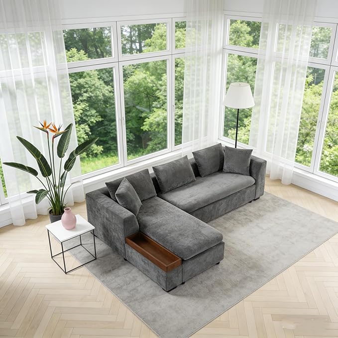 93.7" L-Shaped Sectional Sofa with Storage Chaise, Modern Couch for Living Room, Chenille Upholstered Couch with Deep Seats & Throw Pillows, Modern Corner Sofa for Living Room, Brown