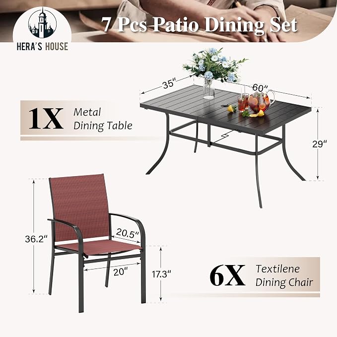 HERA'S HOUSE 7 PCS Patio Dining Set All-Weather Outdoor Furniture, 6 Dining Chairs and Large Metal Table with Double Umbrella Hole for Yard, Garden, Porch, Deck (Red) - Image 2