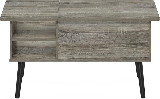 Furinno Jensen Wooden Leg Lift Top Coffee Table with Hidden Compartment and Side Open Storage Shelf for Living Room, French Oak Grey