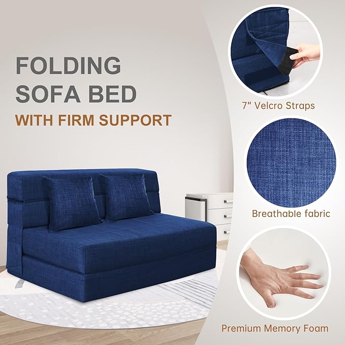 60 Inch Folding Sofa Couch Memory Foam with Pillow Convertible Sleeper Mattress Futon Lazy for Living Room, Washable Cover, Queen Size, Dark Blue