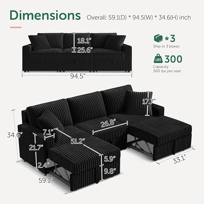 HONBAY 94.5 Inch Sectional Sofa, Modular L & U Shaped Pull Out Couch with Adjustable Backrest & Storage, Velvet Black