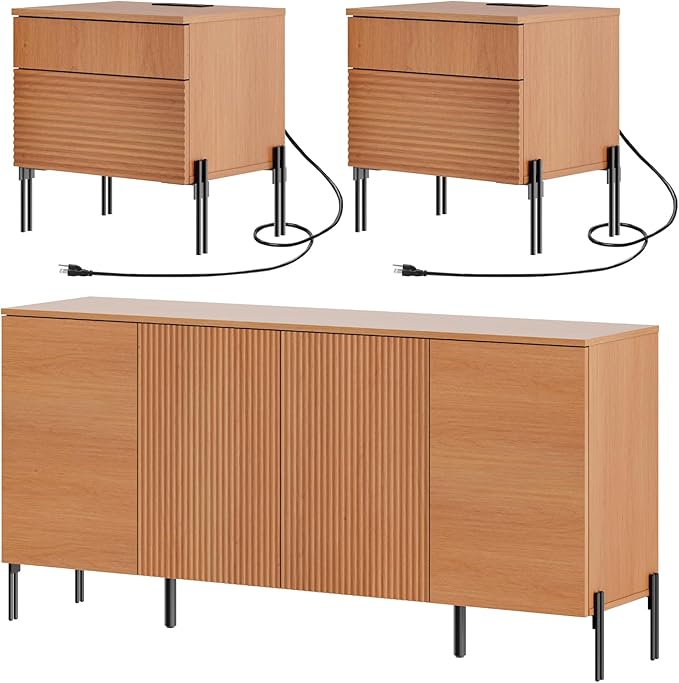 WAMPAT 3 Pieces Bedroom Set, Fluted Dresser and Nightstand Set, Wood Storage Cabinet and Nightstands Set of 2 with Charging Station, Wide Storage Organizer Cabinet for Bedroom, Mocha
