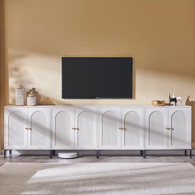 IFGET Modern TV Stands for 85 Inch TVs, 123.5‬"W Wood Entertainment Center w/Adjustable Shelves, Mid Century Modern TV Stand w/Arched Fluted Doors, Media Console Cabinet for Living Room, White by IFGETEnrichYourLivingSpace
