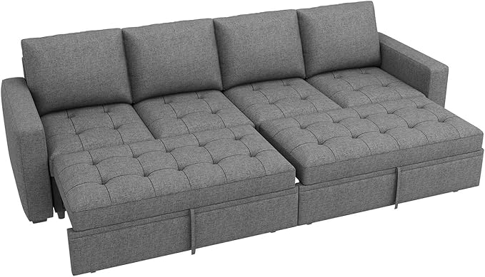 HONBAY Modular Sectional Sleeper Sofa with Pull Out Bed, Linen Convertible Sectional Couches for Living Room,Grey