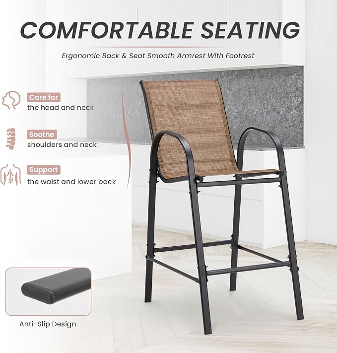 HOMREST Outdoor Bar Height Stools Set of 6,High Back Patio Chairs with Armrests,Textilene Chairs with Breathable Fabric & Metal Frame for All Weather,Brown - Image 5