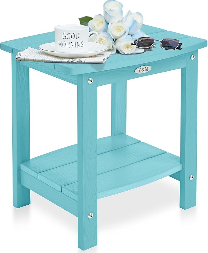 Y&M Outdoor Side Table, HIPS Adirondack Small Double Layer Table, Waterproof Square Outside Table, Balcony End Tables for Patio, Pool, Porch, Deck, Indoor or Outdoor Use, Light Blue by YM